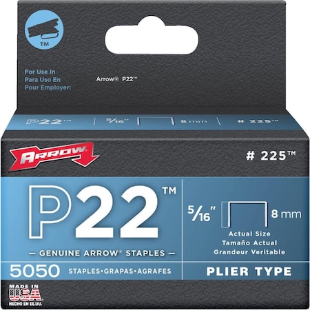 Arrow Fastener P22 Plier Type Staple, 5/16 In., 5050PK 225